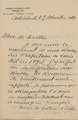 Letter from Wilfrid Laurier to Ulric Barthe, December 27, 1889