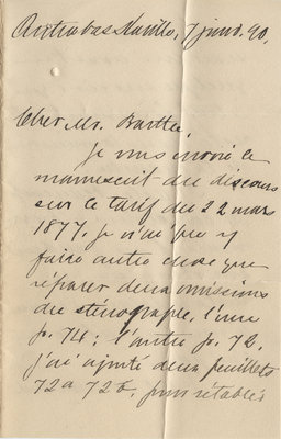 Letter from Wilfrid Laurier to Ulric Barthe, January 7, 1890