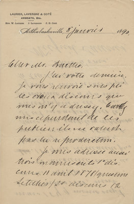 Letter from Wilfrid Laurier to Ulric Barthe, January 8, 1890