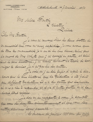 Letter from Wilfrid Laurier to Ulric Barthe, January 14, 1890