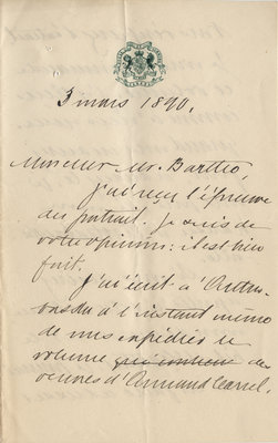 Letter from Wilfrid Laurier to Ulric Barthe, March 3, 1890