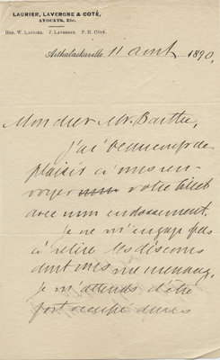 Letter from Wilfrid Laurier to Ulric Barthe, August 11, 1890