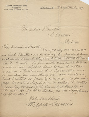 Letter from Wilfrid Laurier to Ulric Barthe, September 18, 1890