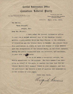 Letter from Wilfrid Laurier to editor of &quot;News Record&quot;, September 17, 1913