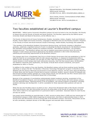 92-2013 : Two faculties established at Laurier's Brantford campus