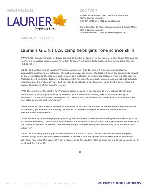 93-2013 : Laurier's G.E.N.I.U.S. camp helps girls hone science skills