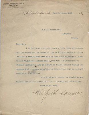 Letter from Wilfrid Laurier to F.R. Latchford, November 3, 1892