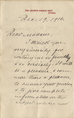 Letter from Wilfrid Laurier to Mrs. H. A. Sanderson, December 19, 1916