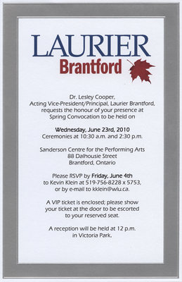 Laurier Brantford convocation invitation, 2010