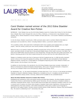 102-2013 : Carol Shaben named winner of the 2013 Edna Staebler Award for Creative Non-Fiction