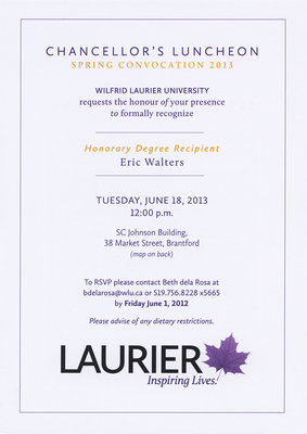 Laurier Brantford Chancellor's Luncheon invitation, June 18, 2013