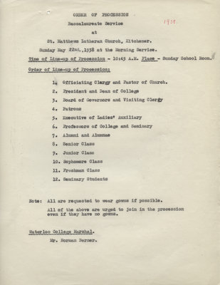 Waterloo College baccalaureate service program, 1938