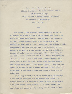 Address by W. Fox Sherwood at the Waterloo College baccalaureate service, 1945