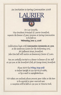 Laurier Brantford convocation invitation, 2008