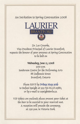 Laurier Brantford convocation invitation, 2008