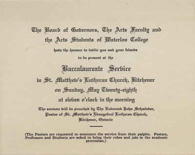 Waterloo College baccalaureate service invitation, 1933