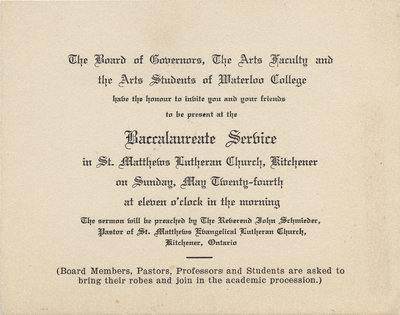 Waterloo College baccalaureate service invitation, 1931