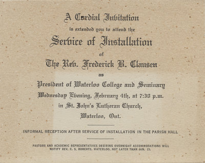 Invitation to the Service of Installation of Rev. Frederick B. Clausen