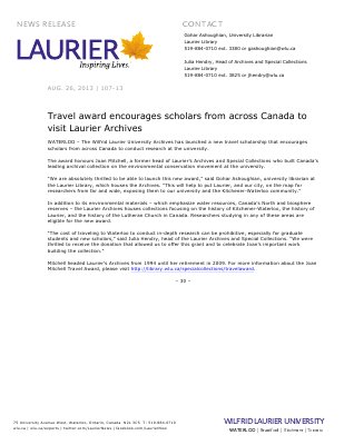 107-2013 : Travel award encourages scholars from across Canada to visit Laurier Archives