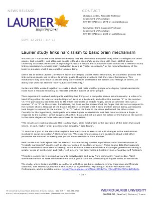 114-2013 : Laurier study links narcissism to basic brain mechanism