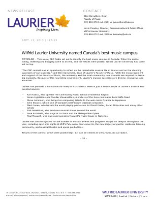 117-2013 : Wilfrid Laurier University named Canada's best music campus