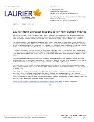 119-2013 : Laurier math professor recognized for new election method