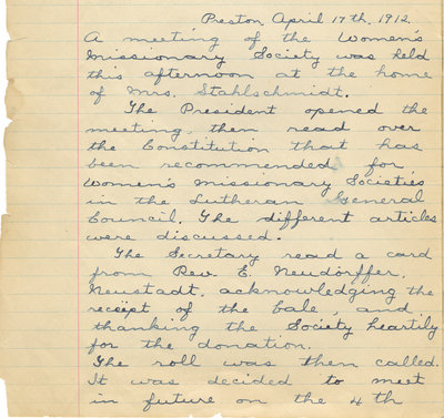 Minutes of the Women's Missionary Society of St. Peter's Evangelical Lutheran Church, April 17, 1912