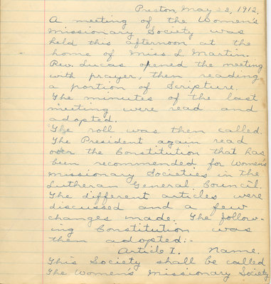 Minutes of the Women's Missionary Society of St. Peter's Evangelical Lutheran Church, May 22, 1912