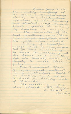 Minutes of the Women's Missionary Society of St. Peter's Evangelical Lutheran Church, June 12, 1912