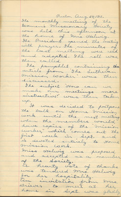 Minutes of the Women's Missionary Society of St. Peter's Evangelical Lutheran Church, August 28, 1912