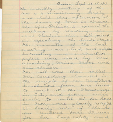 Minutes of the Women's Missionary Society of St. Peter's Evangelical Lutheran Church, September 25, 1912