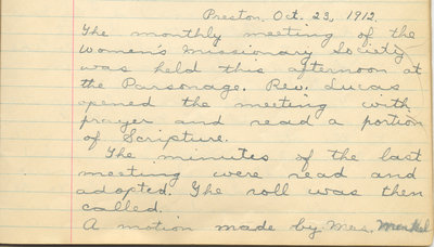 Minutes of the Women's Missionary Society of St. Peter's Evangelical Lutheran Church, October 23, 1912