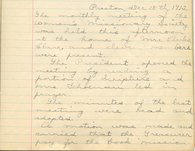 Minutes of the Women's Missionary Society of St. Peter's Evangelical Lutheran Church, December 18, 1912