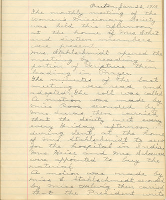 Minutes of the Women's Missionary Society of St. Peter's Evangelical Lutheran Church, January 22, 1913