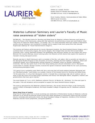 121-2013 : Waterloo Lutheran Seminary and Laurier's Faculty of Music raise awareness of &quot;stolen sisters&quot;