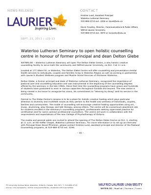 122-2013 : Waterloo Lutheran Seminary to open holistic counselling centre in honour of former principal and dean Delton Glebe