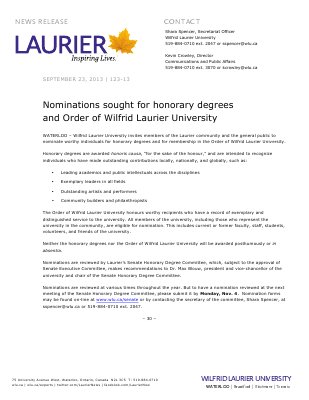 123-2013 : Nominations sought for honorary degrees and Order of Wilfrid Laurier University