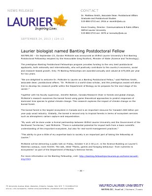 124-2013 : Laurier biologist named Banting Postdoctoral Fellow