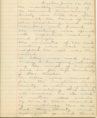 Minutes of the Women's Missionary Society of St. Peter's Evangelical Lutheran Church, June 25, 1913