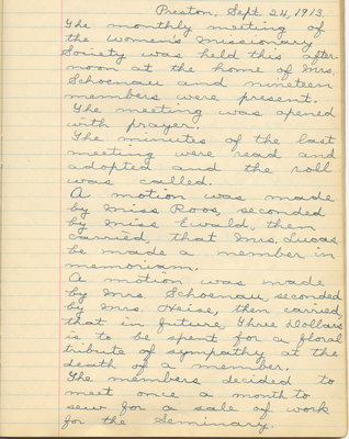 Minutes of the Women's Missionary Society of St. Peter's Evangelical Lutheran Church, September 24, 1913