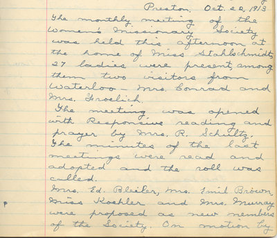 Minutes of the Women's Missionary Society of St. Peter's Evangelical Lutheran Church, October 22, 1913