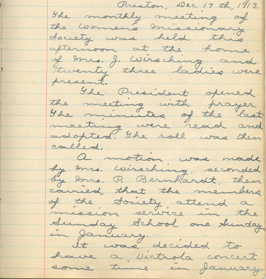 Minutes of the Women's Missionary Society of St. Peter's Evangelical Lutheran Church, December 17, 1913