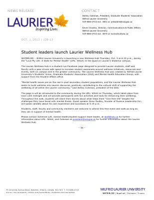 128-2013 : Student leaders launch Laurier Wellness Hub