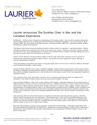 130-2013 : Laurier announces The Dunkley Chair in War and Canadian Experience