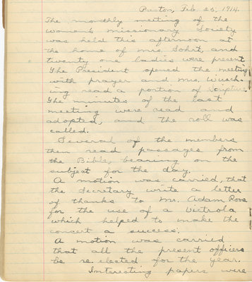 Minutes of the Women's Missionary Society of St. Peter's Evangelical Lutheran Church, February 25, 1914