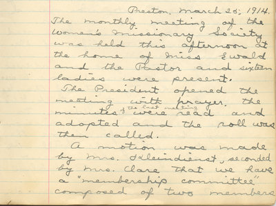 Minutes of the Women's Missionary Society of St. Peter's Evangelical Lutheran Church, March 25, 1914