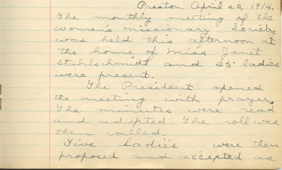 Minutes of the Women's Missionary Society of St. Peter's Evangelical Lutheran Church, April 22, 1914