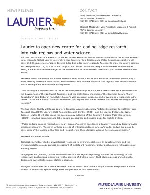 133-2013 : Laurier to open new centre for leading-edge research into cold regions and water science