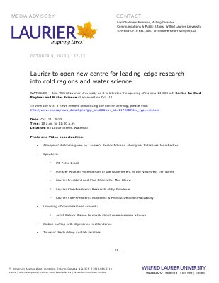 137-2013 : Laurier to open new centre for leading-edge research into cold regions and water science