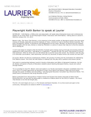 138-2013 : Playwright Keith Barker to speak at Laurier